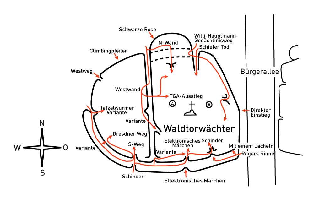 oblast: Žitava, sektor: Oybin, podsektor: Rosensteine und Umgebung, skála: WALDTORWÄCHTER