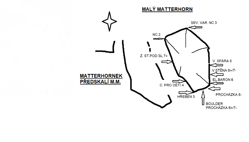 oblast: Ještědský hřeben, sektor: Ještědský hřeben, podsektor: Walliský hřeben, skála: MALÝ MATTERHORN